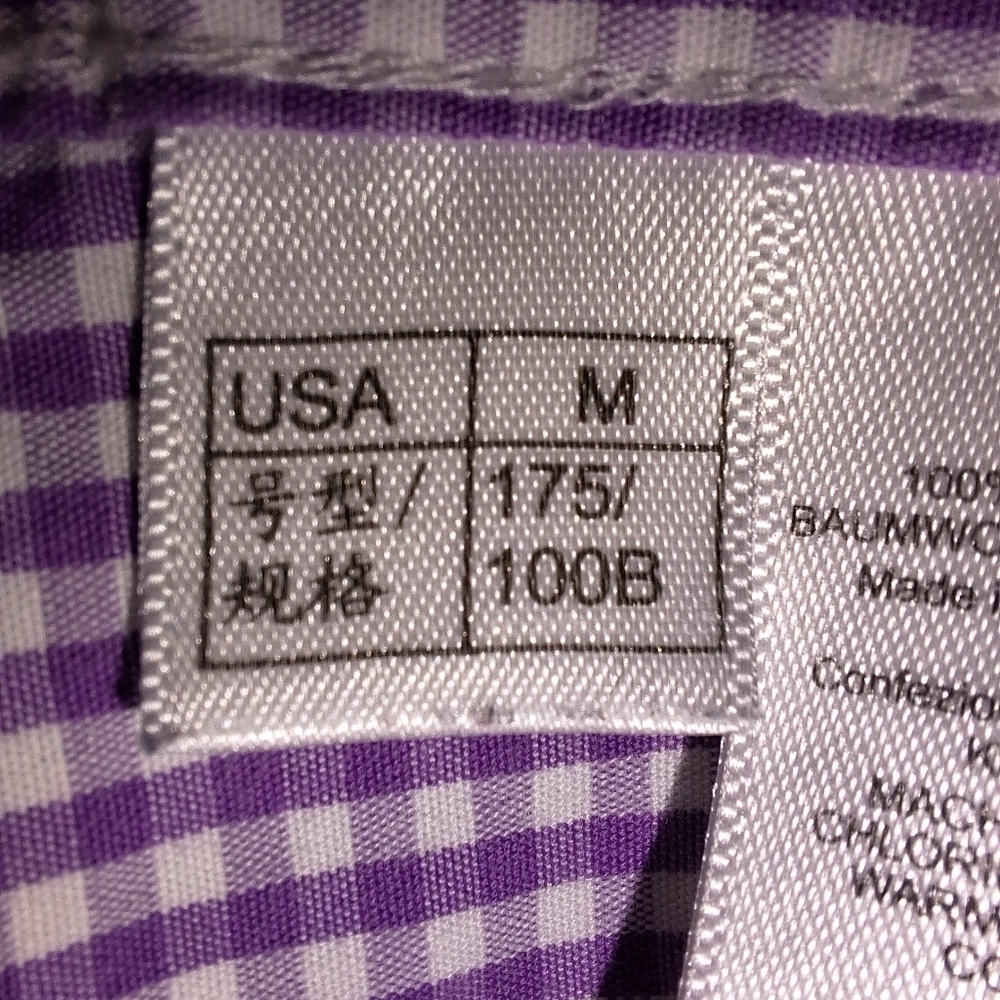 A Brooks Brothers purple plaid long sleeve button-down shirt in a men's medium. - Picture 6 of 7